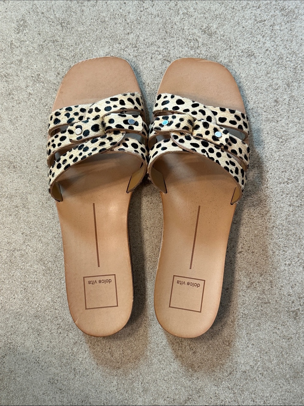 Dolce Vita Leopard Slide Sandals in Tan and Black
